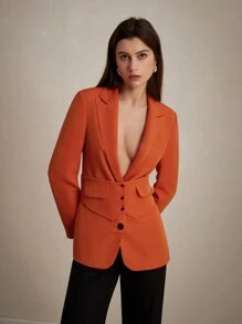 Aveloria Modichic Solid Color Buttoned Waist Belt Pocketed Slimming Long Sleeve Blazer