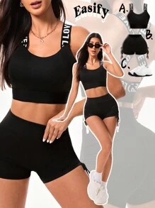 SHEIN Sport Gameset Damen Set bestehend aus kurzem Tank Top mit Buchstaben Muster und kurzen Leggings für Sportbekleidung