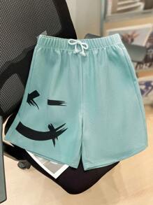 SHEIN 2 chiếc Áo thun dệt kim ngắn tay và quần đùi thường ngày dành cho các chàng trai tuổi teen, đơn giản và linh hoạt để mặc hàng ngày - Màu xanh ngọc - Xem 3