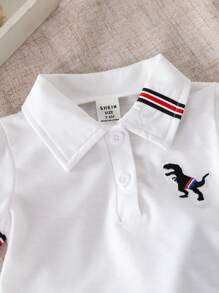 SHEIN 嬰兒男童有趣的條紋恐龍刺繡短袖POLO衫和格紋短褲套裝，春夏休閒款 - 白色 - 查看 3