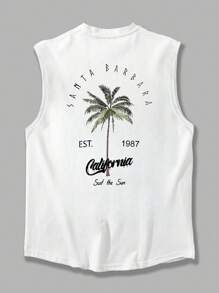 Camiseta de tirantes casual de cuello redondo con estampado de letras y palmeras para hombres en verano