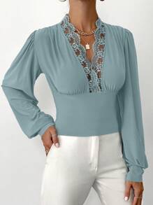 EURMUSE Guipure Lace Insert Lantern Sleeve Blouse - Green - View 3