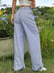 SHEIN EZwear 夏日假期與家居休閒藍白寬條紋寬鬆直筒寬腿褲 - 藍白色 - 查看 2
