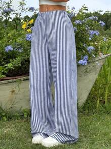 SHEIN EZwear 夏日假期與家居休閒藍白寬條紋寬鬆直筒寬腿褲 - 藍白色 - 查看 6