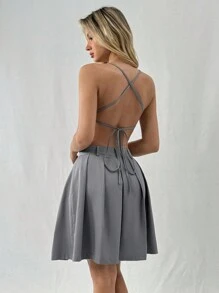 SHEIN Unity Women's Back Tie Solid Color Camisole Top And Pleated Skirt 2pcs Set - Grey - View 2