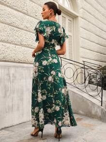 SHEIN Belle 优雅花卉印花荷叶边裹身 V 领女士正式晚会礼服舞会婚礼宾客礼服，适合毕业典礼、晚宴、圣诞节 - 綠色 - 查看 2