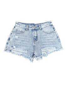 Women Distressed Pocket Washed Casual Denim Shorts - Blue - View 3