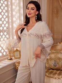 PalaceNights Contrast Embroidery Mesh Ruffle Trim Blouse & Wide Leg Pants PJ Set / Pajama Set Holiday Season, Fall Clothes - Apricot - View 3