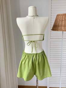 Comfortcana Rompers de lino para el verano con corte lateral, cintura plisada, sin tirantes y con espalda descubierta