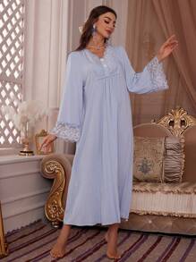 PalaceNights 撞色蕾丝细节睡衣连衣裙，睡袍长裙，奢华家居服，宽松睡裙，秋冬舒适优雅细节 - 淺藍色 - 查看 3
