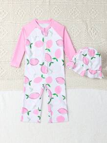 SHEIN Baby Girl Printed Zipper Rash Guard Swimsuit With Cap