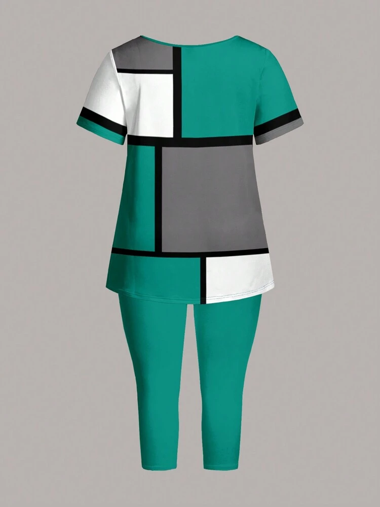 Plus Size Women's Asymmetrical Color Block Checkered T-Shirt And Slim Fit Leggings Two-Piece Outfit, For Summer