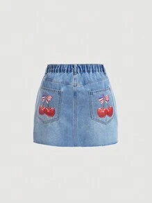SHEIN MOD Plus Size Sweet Mini Denim Skirt With Cute Blue Print American Flag Cherry - Dark Wash - View 2