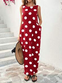 SHEIN Essnce Women's Summer Sleeveless Dot Print Dress Long Crew Neck Maxi With Big Pockets Casual Dress,Polka Dot Dress - Red - View 4