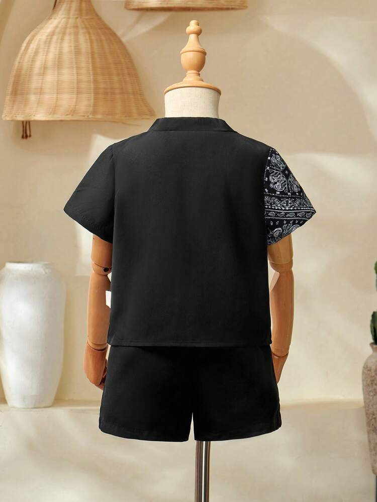 Baby Boy Paisley Printed Patchwork Short Sleeve Top And Solid Color Shorts Vacation Leisure Outfit