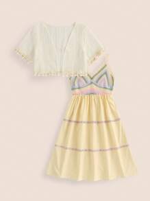 SHEIN Tween Girl 2pcs Knitted Top Casual Blue Spaghetti Strap Dress Set