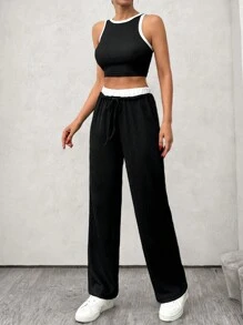 EURMUSE Contrast Pipping Detailed Vest And Contrast Double Waist Detailed Pant Set - Black - View 5