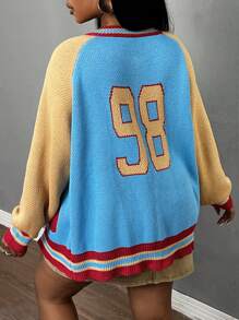 Slaydiva Chaqueta de béisbol suelta y casual de talla grande, diseño de color block con bolsillos y número 98, chaqueta de punto de mujer para otoño/invierno