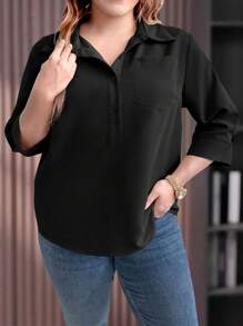 EMERY ROSE Plus Size Solid Color Button-Up Turn-Down Collar Casual Shirt For Summer Fall - Black - View 3