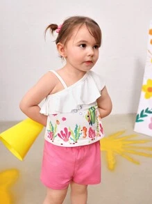 SHEIN Set aus Spaghetti-Träger Top und Shorts für Baby Mädchen im Sommer, tropisches Unterwasserwelt-Muster in Rot, Urlaubskleidung - Verschiedenfarbig - Übersicht 1