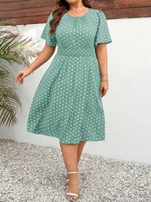 SHEIN Clasi Plus Size Polka Dot Printed Round Neckline A-Line Summer Short Sleeve Dress Maxi Women Outfit - Mint Green - View 4