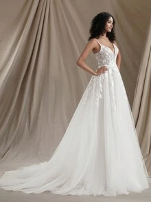 Women's Floral Embroidered Mesh Maxi Elegant Bridesmaid Dress Wedding Bridal Dress - Beige - View 6