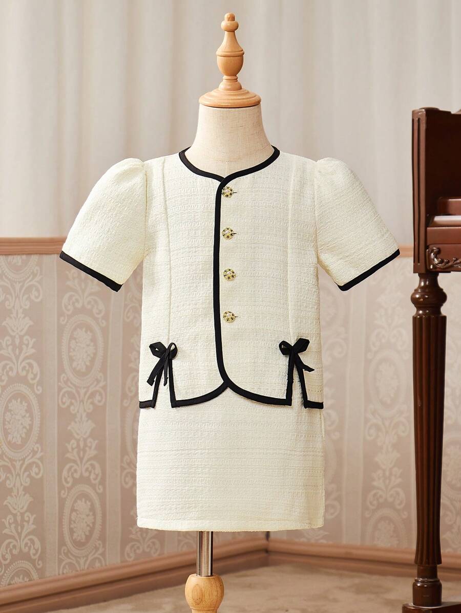 SHEIN 2入組年輕女孩蝴蝶結短袖西裝外套和裙子套裝，夏季 - 米色 - 查看 1
