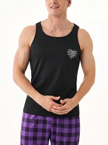 男士蜘蛛網印花圓頸無袖背心，全季節適用