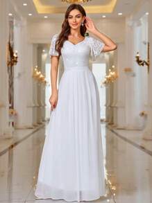 MIUSOL Kontrastierender Paillettenspitzen-Herzausschnitt-Rüschen-Ärmel-Abendkleid in Weiß, elegantes Hochzeitsbrautkleid - Weiss - Übersicht 1