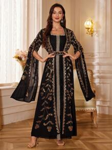 Women's Elegant Sequin Long Sleeve 2 In 1 Dress Spring Black - Black - View 5