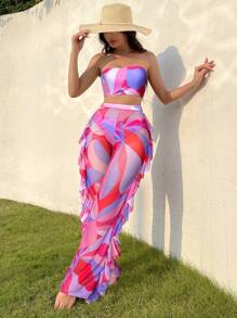 Swim Vcay Women's Summer Beach Geometric Printed Bandeau Bikini Set, Sexy, With Ruffle Trim Cover-Up Top And Long Pants - Multicolor - View 1