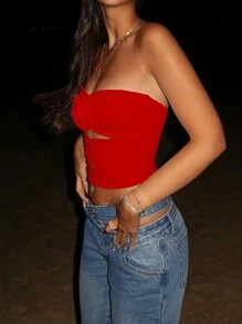 INAWLY Women's Summer Solid Color Hollowed-Out Strapless Top With 3D Flower Decor - Red - View 4