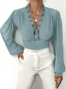 EURMUSE Guipure Lace Insert Lantern Sleeve Blouse - Green - View 1