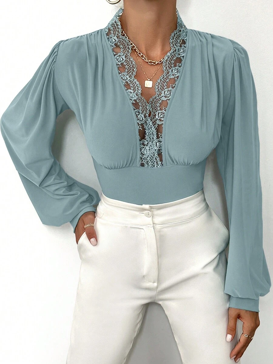 EURMUSE Guipure Lace Insert Lantern Sleeve Blouse - Green - View 1