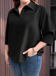 EMERY ROSE Plus Size Solid Color Button-Up Turn-Down Collar Casual Shirt For Summer Fall - Black - View 1