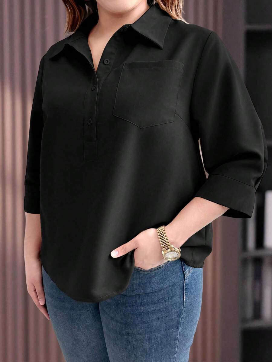 EMERY ROSE Plus Size Solid Color Button-Up Turn-Down Collar Casual Shirt For Summer Fall - Black - View 1