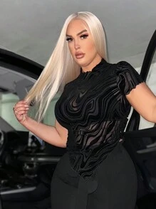 SHEIN SXY Top cu mâneci scurte transparent cu model răsucit pentru vară, iarnă - Negru - Vizualizare 5