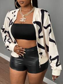 Slaydiva Áo khoác ngắn có khóa kéo giản dị và thanh lịch dành cho nữ cỡ lớn, họa tiết cọ vẽ nghệ thuật, mùa xuân và mùa thu - Màu be - Xem 1