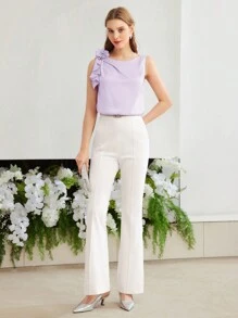 MOTF PREMIUM Blusa sin mangas de diseño sólido con detalle de flores estéreo - Morado Violeta - Ver 4