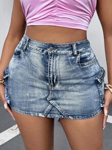 Dripcurv Plus Size Women's Denim Skirt, Sexy Stretchy Bodycon Skirt With Utility Pockets, Blue