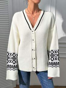 RueChic V Neck Cardigan With Boho Pattern Casual - Apricot - View 6