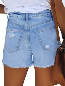 Women's Distressed Pocket Casual Washed Denim Shorts - Blue - View 3