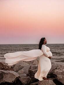 JustVH Maternity Long Sleeve Floor-Length Mesh Dress, Suitable For Baby Photoshoot And Baby Shower Spring White - White - View 7