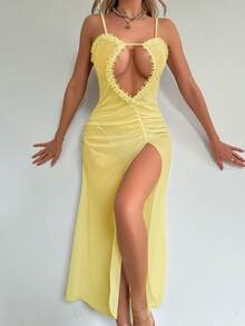 Ladies' Sexy Party Night Hollow Out Split Side Mesh Suspender Dress - Yellow - View 4