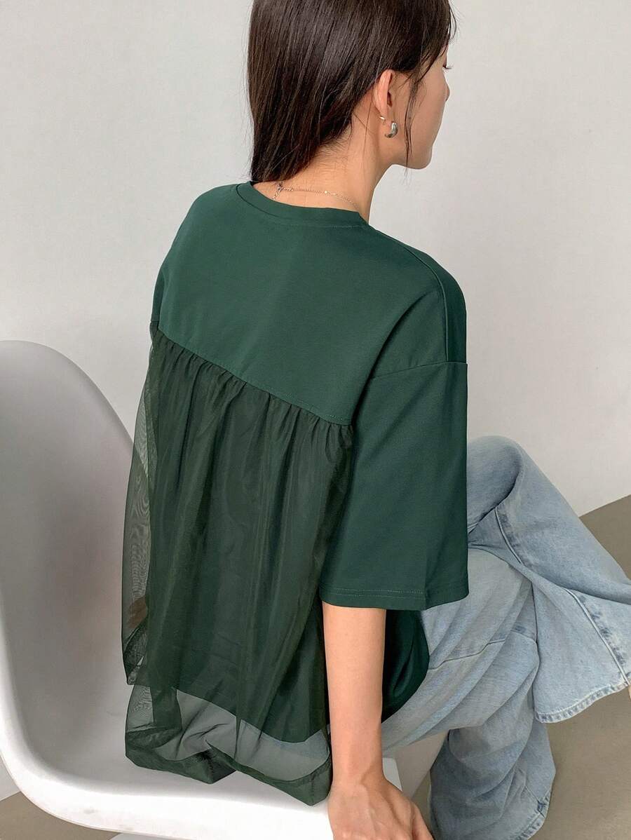 FRIFUL 女士夏季宽松纯色圆领短袖网眼撞色 T 恤 - 綠色 - 查看 1