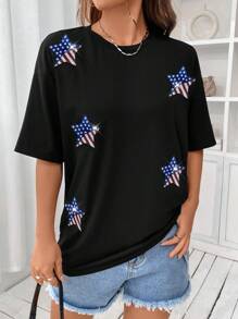 SHEIN Unity Women's Summer Casual T-Shirt With Glittery Star Print And Round Neckline - Black - View 5