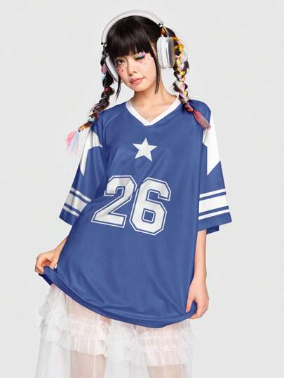 ROMWE Avant Lässiges, süßes T-Shirt mit Stern- und Zahlen-Muster, kurzärmlig, Schule