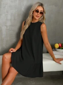 SHEIN Essnce 波西米亚风连衣裙淡蓝色连衣裙亚麻女式条纹圆领无袖休闲迷你连衣裙