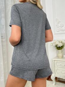 女性字母印花圓領短袖T恤和短褲家居服套裝 - 彩色 - 查看 2