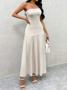 SHEIN Privé Women's Elegant Summer Off-White Midi Dress,Asymmetrical Neck Ruffles Cinched Waist A-Line Party Dress For Vacation,Date,Wedding,Homecoming & Brunch - Apricot - View 5